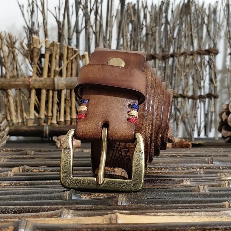 Vintage Engraved Retro Symbols Genuine Leather Distressed Belt, 3.8cm Wide Strap for Men Women Jeans and Everyday Wear(100cm/39, Brown)2