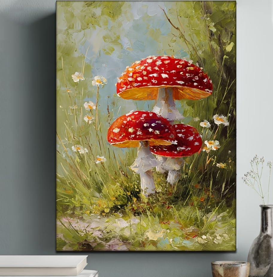 SXFDPDL Cuadro decorativo de pared con estampado de hongos rojos moteados, pintura botánica de bosque, póster decorativo para el hogar (60x90cm/sin marco)