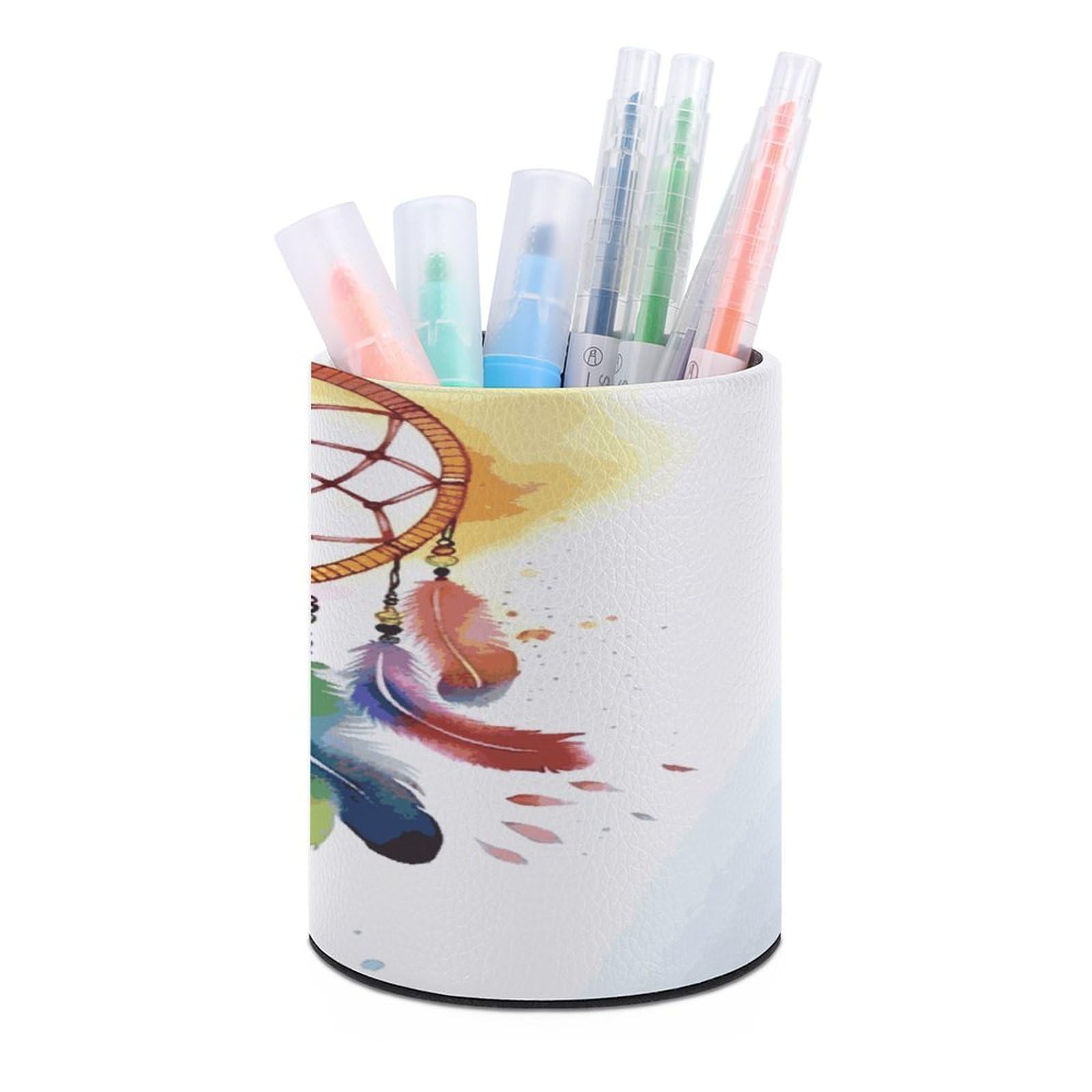 LDGSUPH Watercolor Dream Catcher Round Pen Holder Leather Pen Cup Pencil Cup Pen Organizer Pencil Holder for Desk Organizer Pencil Organizers Makeup Brush Holders for Home Office Gift
