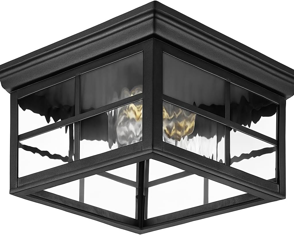 Paby Outdoor Flush Mount Ceiling Light with Clear Water Glass Shade, Black Metal Square Cage Fixture for Indoor or Outdoor Use, Close to Ceiling Farmhouse Porch Entryway, Bulbs Not Included