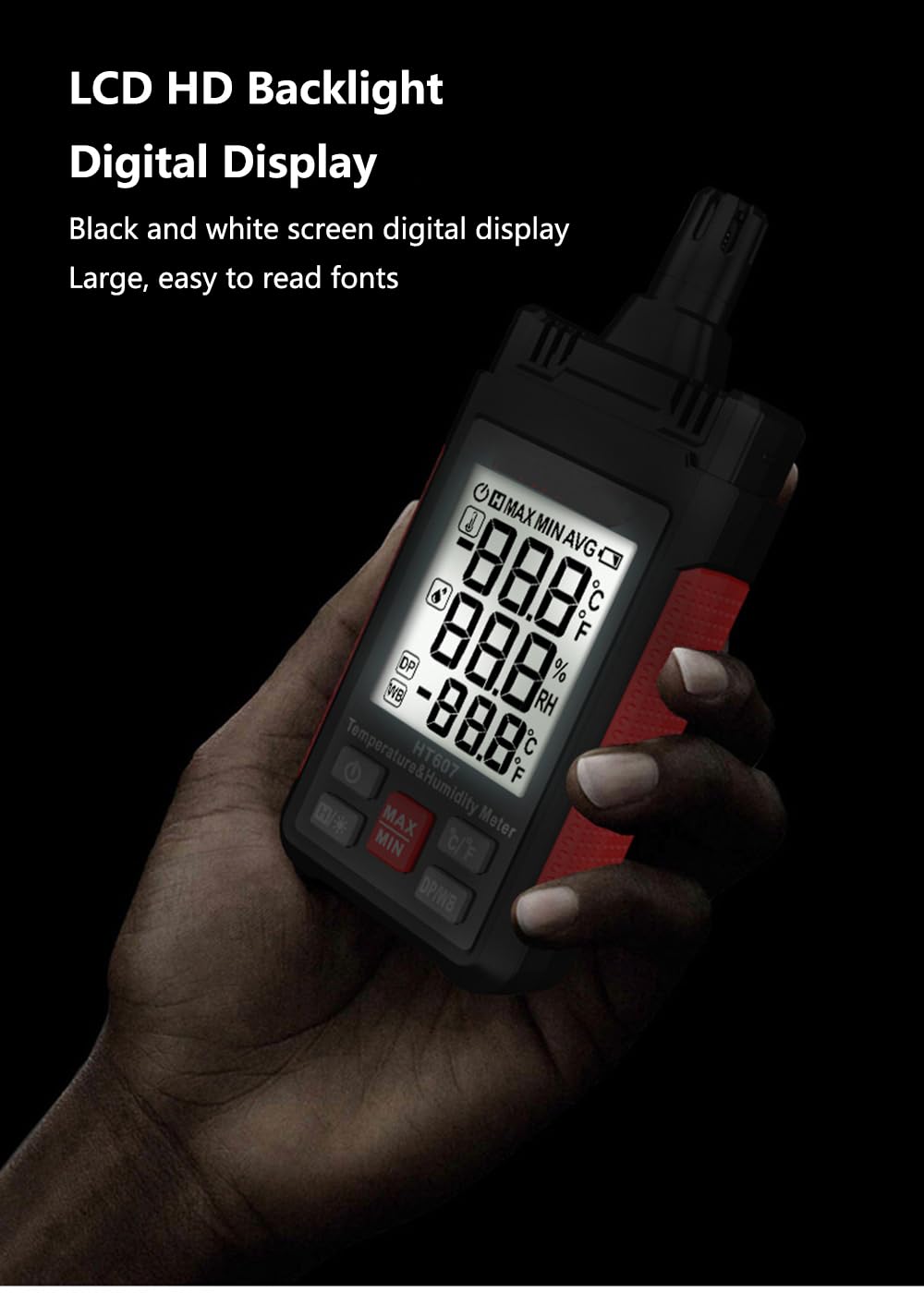 ThreeH Thermomètre hygromètre numérique à grand écran avec rétroéclairage LCD, humidité relative, point de rosée, thermomètre sphérique humide, maintien min. max