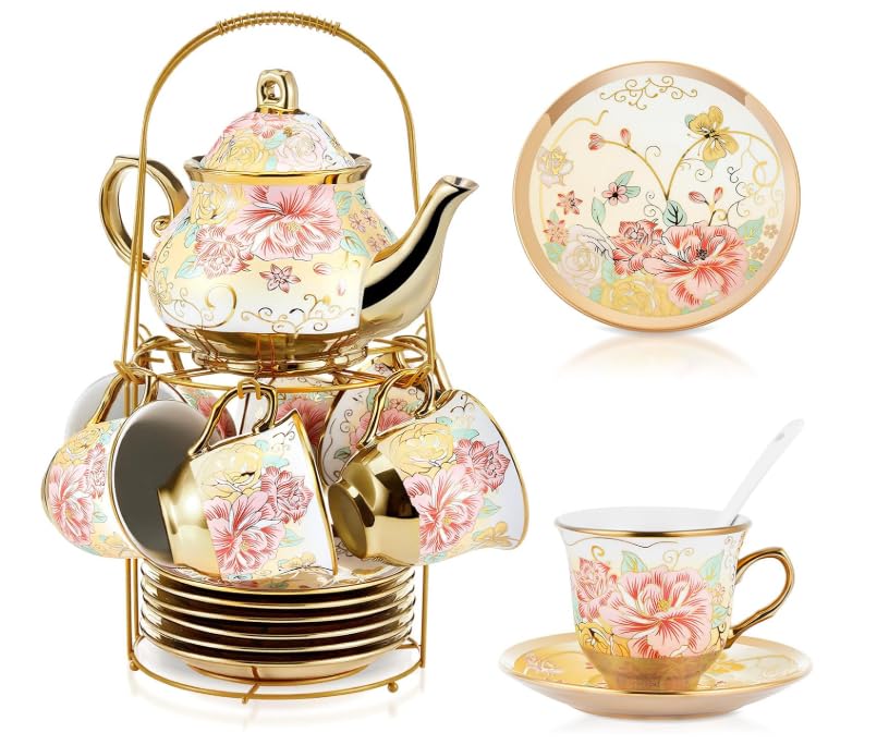 Qudubuy 20-Piece Porcelain Tea Set with 700ml Teapot, 150ml Cups & Saucers, Gold Plated Floral Tea Service with Stand for Afternoon Tea, Parties & Gifts