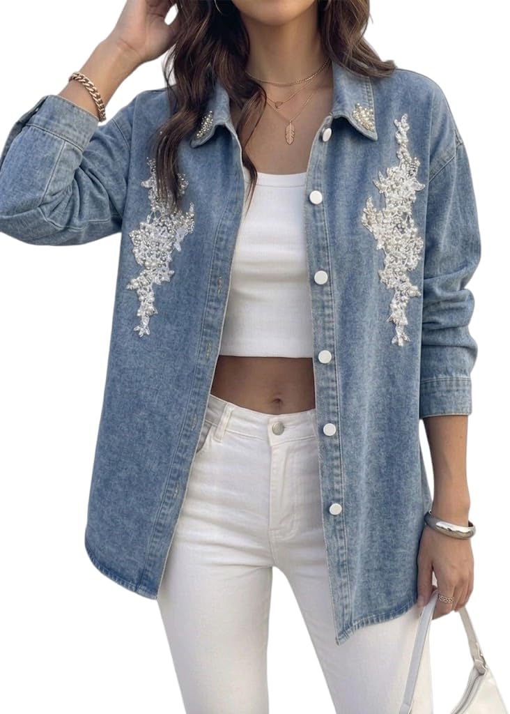 Women's Classic Denim Jacket - Fashion Oversized Jean Jacket, Stretch Distressed Long Sleeve Trucker Jacket with Pockets, Casual Streetwear Outerwear