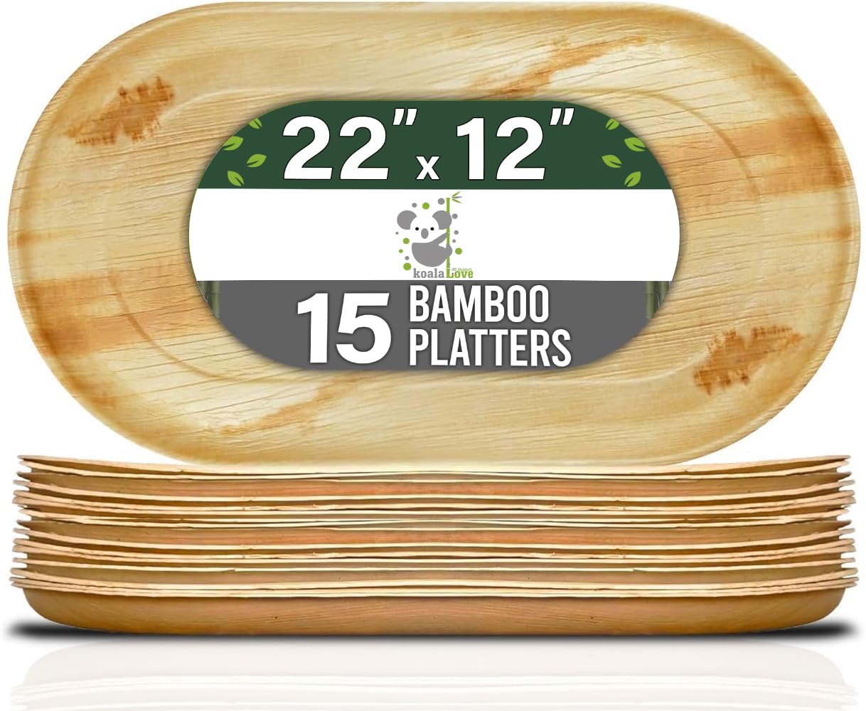Disposable Palm Leaf Bamboo Tray and Oval Platter Disposable Charcuterie Boards Plates and Party Platters Trays Eco Compostable Wooden Food Platters Palm Leaf Dinner Catering Trays 22x12 (15 pcs)