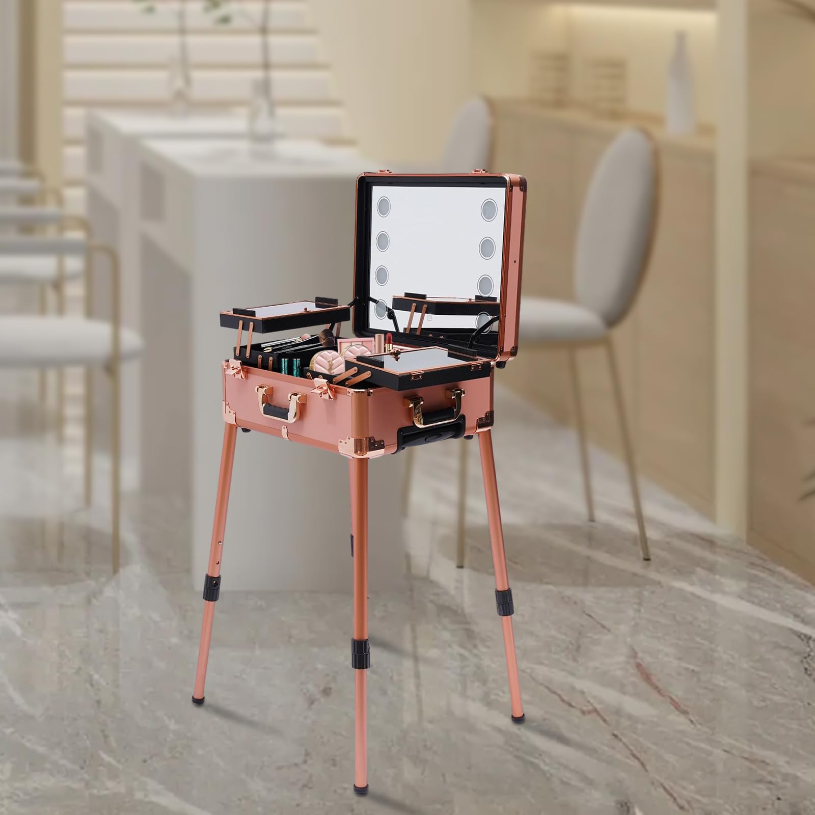 Profi Kosmetikkoffer Trolley Schminkkoffer Make-up Koffer Beauty Case Roségold 3-Etagen 4 Rollen 8 LED-Licht Farbe/Helligkeit 50kg Traglast 82cm Höhe Abschließbar Alu