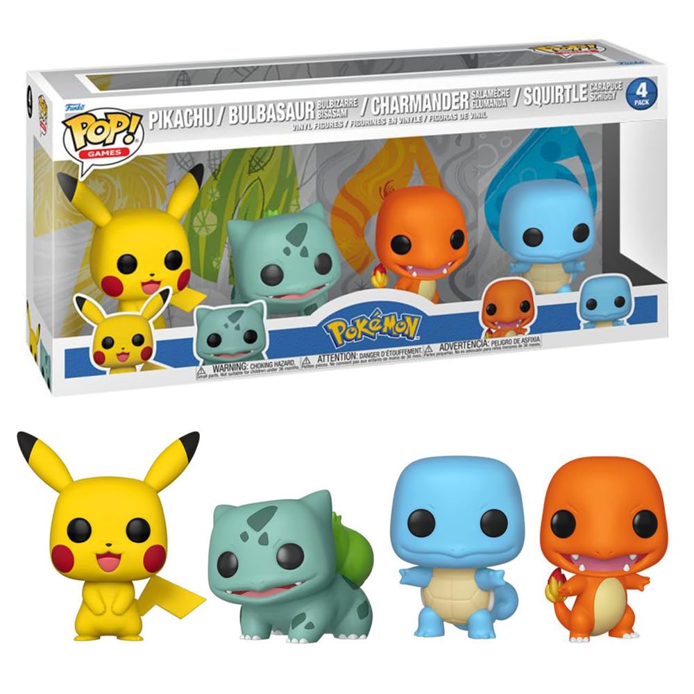 Funko POP! Games: Pokemon, Starters, 4 Pack, Pikachu, Squirtle, Charmander, Bulbasaur, Collectable Vinyl Figure, Gift Idea