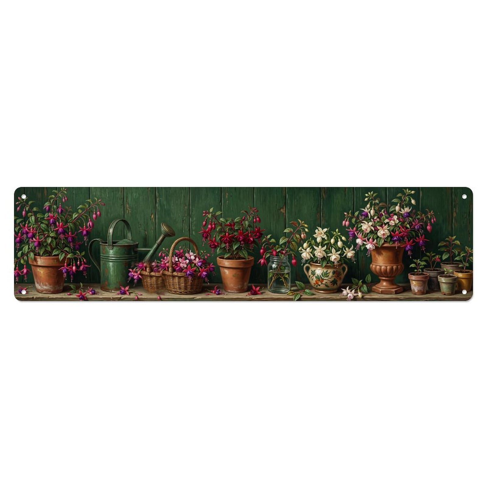 Fqnyr Style Metal Tin Sign Floral Garden Tools Fuchsia Hanging Pattern Print
