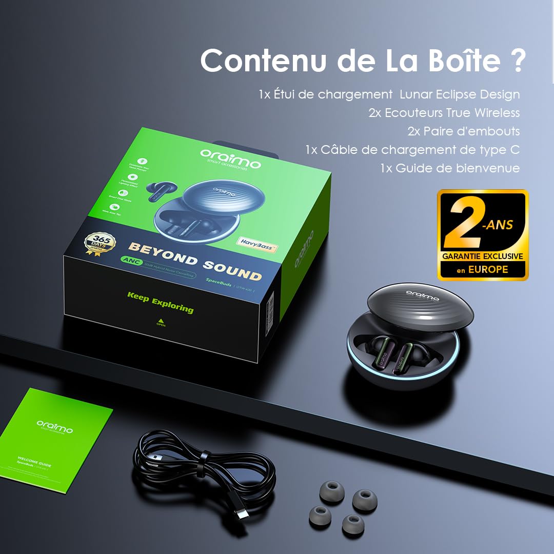 Oraimo SpaceBuds - Écouteurs Bluetooth sans Fil, Réduction de Bruit Active ANC Hybride 50dB, Autonomie 40h, Écouteurs Intra Auriculaires Basse Latence Jeu, 6 Micros Appel Clair, IP54 - Space Grey