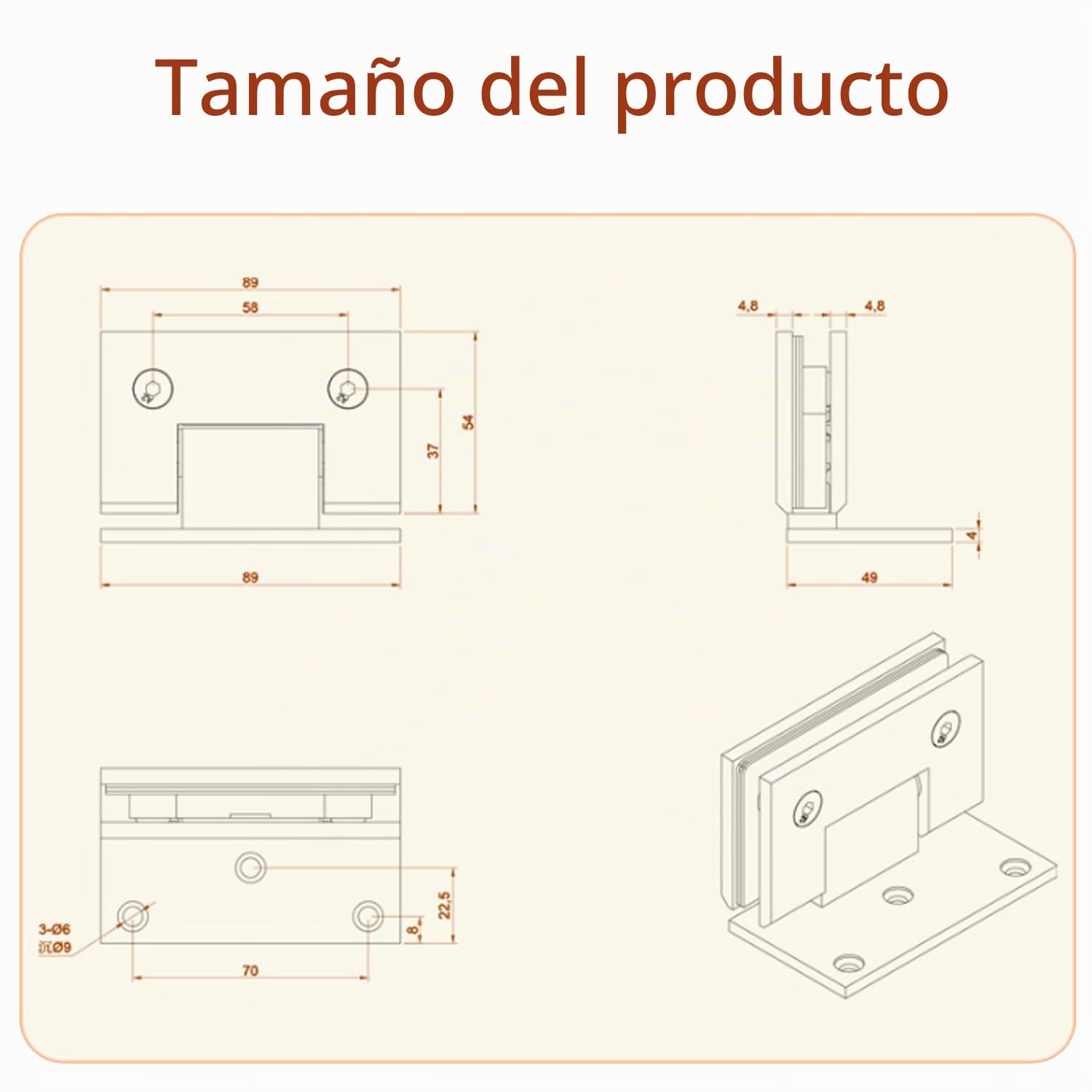 Bisagra Puerta de Vidrio 3 Unidades - Bisagra Puerta Cristal en Acero Inoxidable 304 Pulido, 5mm Grosor, 90° Apertura Máxima, 3 Agujeros para Vidrio 8-12mm