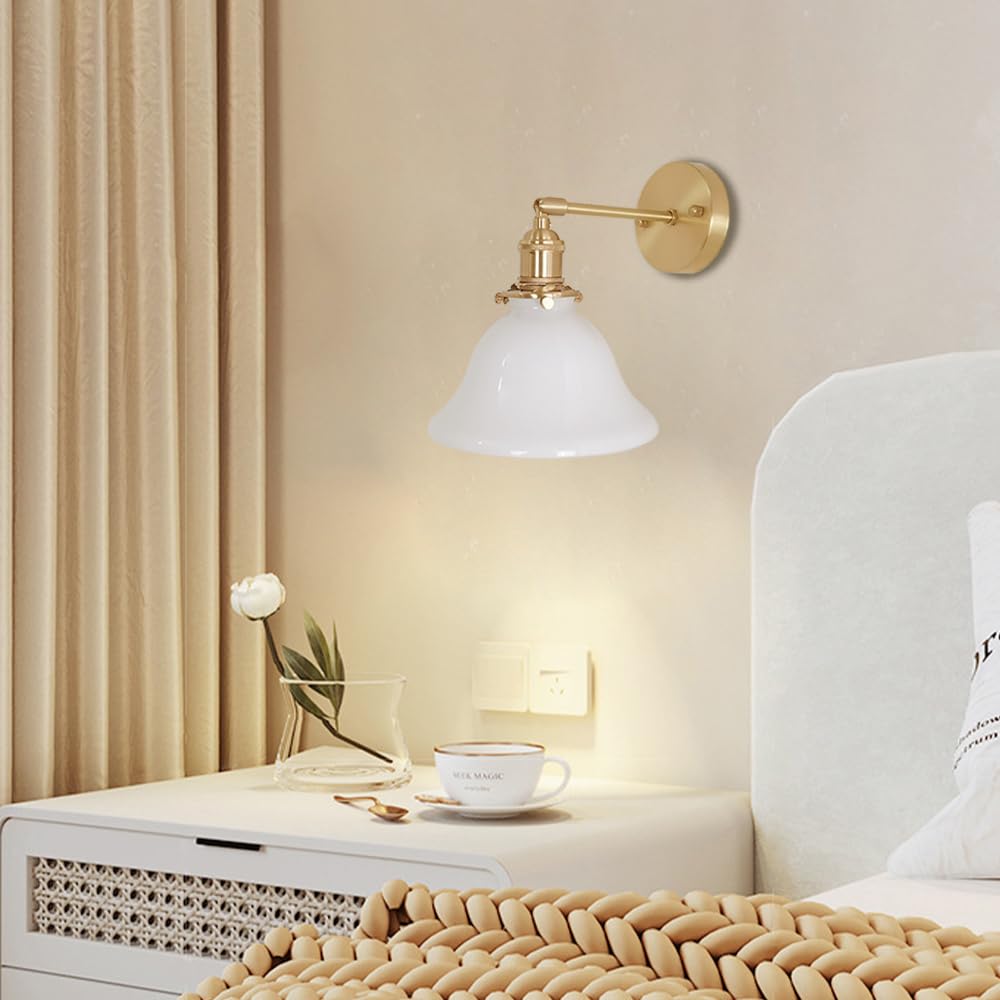 Applique da Parete in Ottone Regolabile, Moderna Lampada da Parete in Vetro Bianco Latte con Interruttore on/off, Lampada da Parete in Ottone Spazzolato retrò Vintage, Paralume in Vetro a Forma d