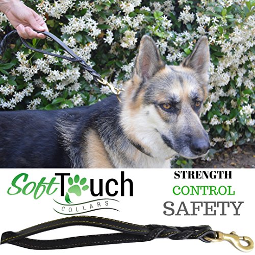 Soft Touch Collars, 6 Foot Braided Leather Dog Leash with Traffic Handle, Two Handles for Training and Safety, Double your Control with 2 Locations, Lead for Large and Medium Dogs,Black 6ft x 3/4 Inch - Thumbnail 2