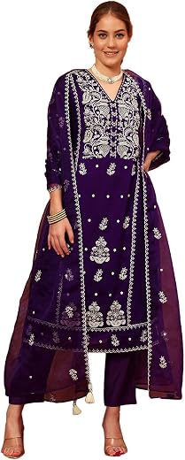 SHOPPING QUEEN Women's Silk Embroidered Kurta, Pyjama & Dupatta Set