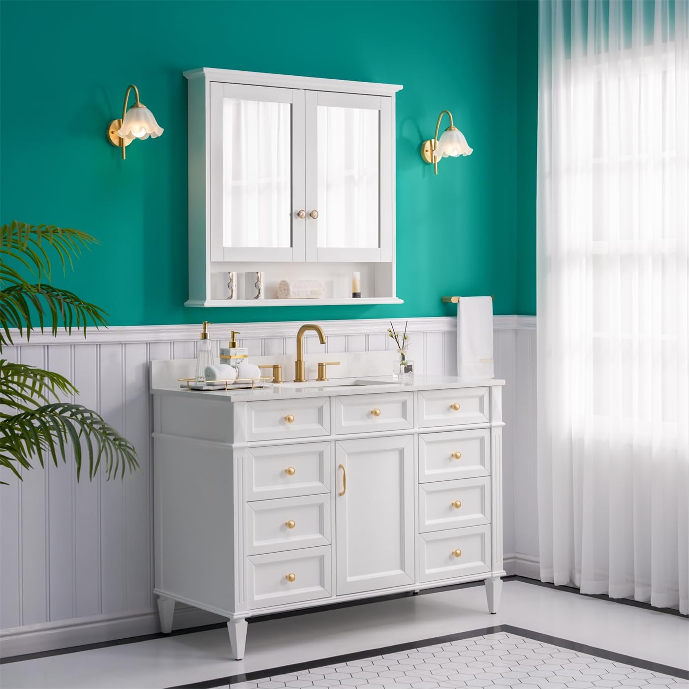 WELLFOR 36"x 34" Wall Mounted Wood Medicine Cabinet with Mirrors for Bathroom, Rubber Wooden Mirror Cabinet with 3-Tier Shelves and External Storage