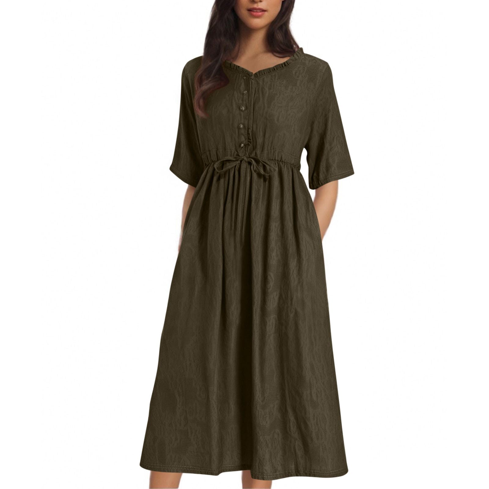Vestido Mujer Verano Largo Vestidos Casual con Media Manga Cuello en V Color Sólido Elegante Vestido Jacquard con Botones y Cinturón Sueltos Cómodo Vestido Midi Línea A para Uso Diario