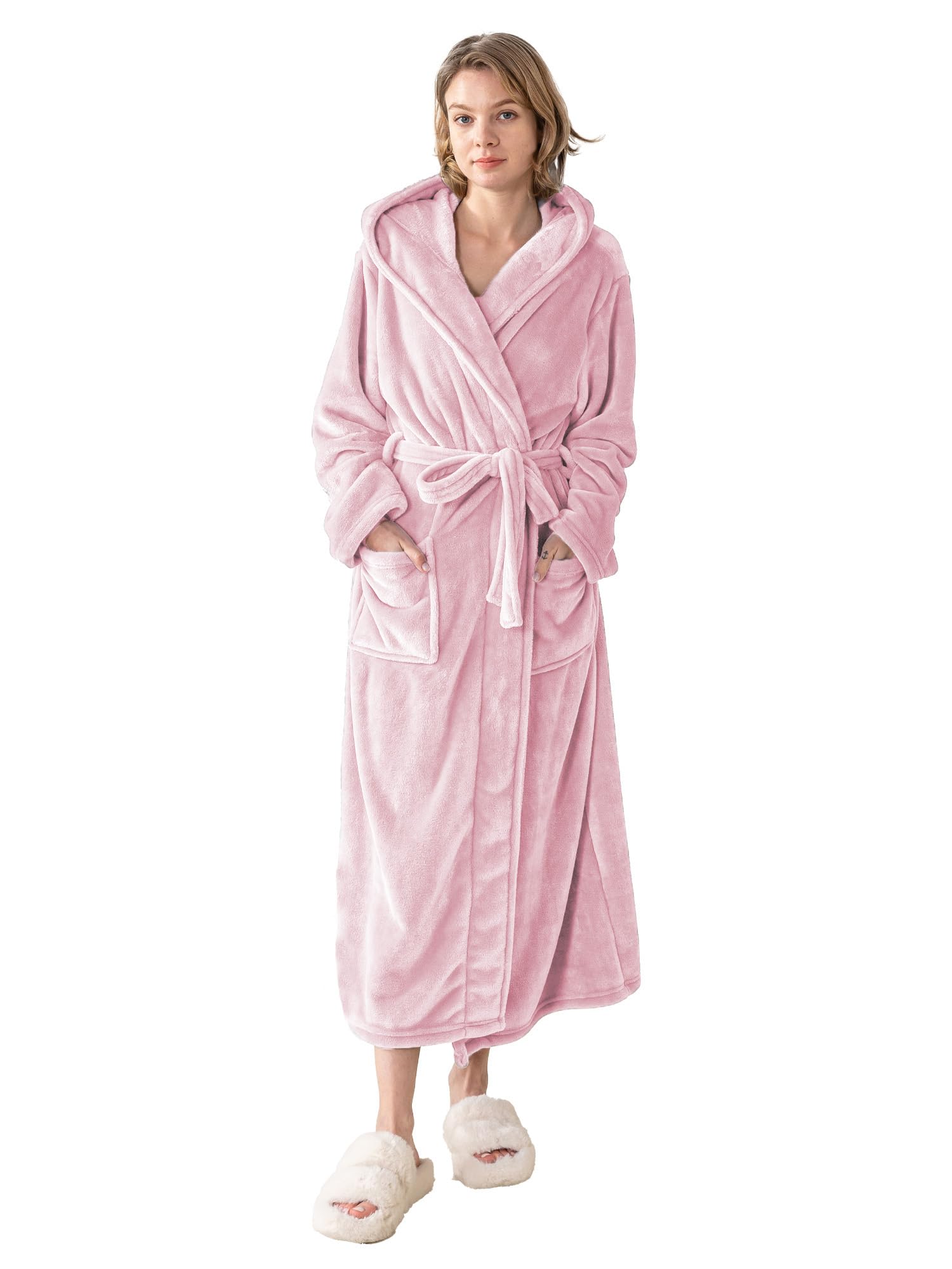 KORBLISS Robes for Women - Hooded Plush Fleece Bathrobe with Sash & Pockets, Full-Length Lightweight Spa Robe