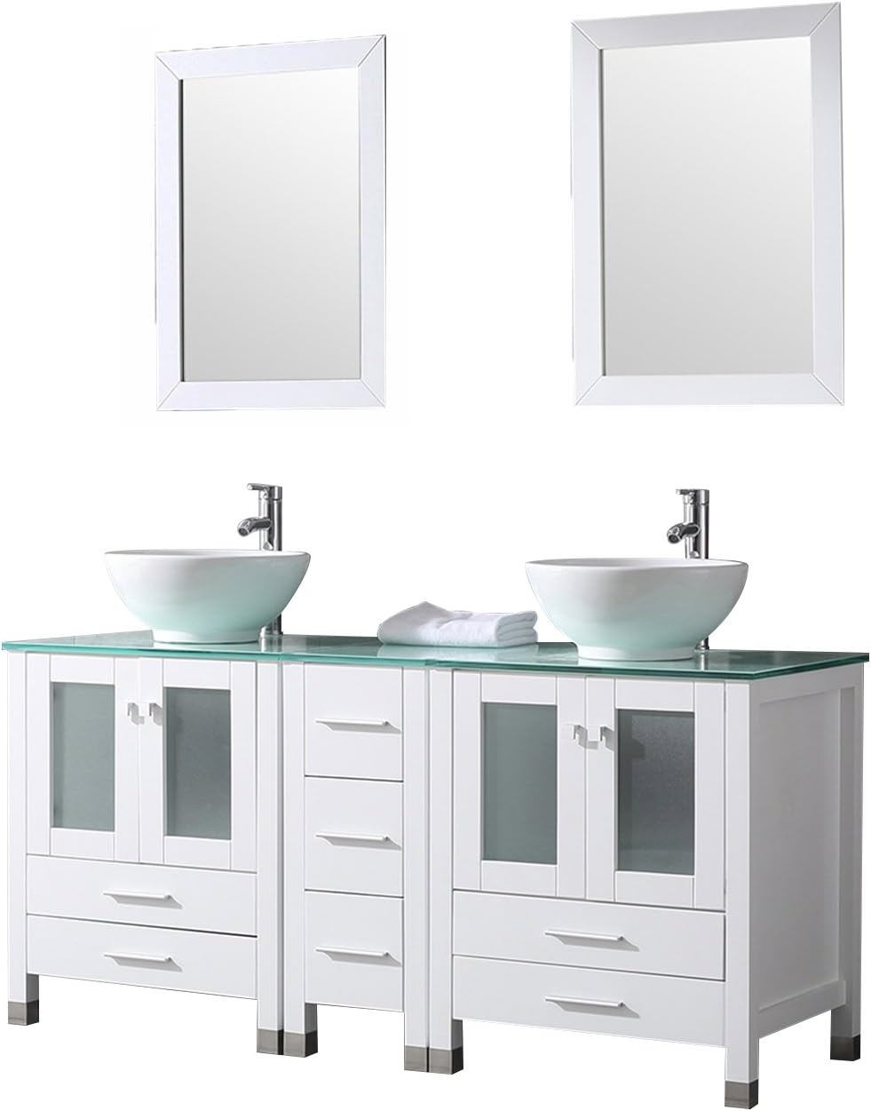 wonline BATHJOY 60" White Double Wood Bathroom Vanity Cabinet and Ceramic Sink w/Mirror Combo Wash Basin with Faucet
