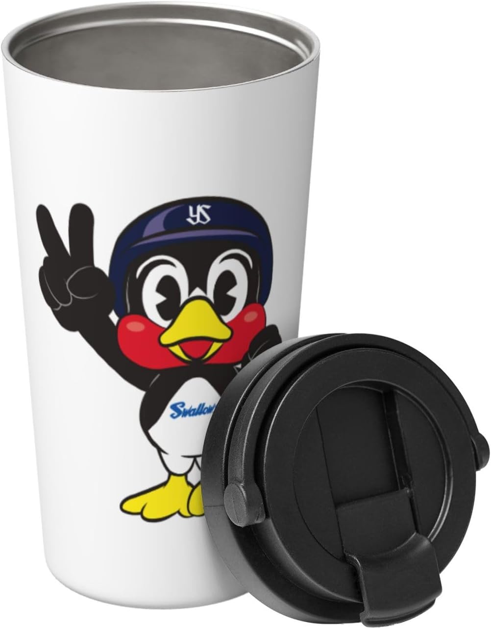 東京ヤクルトスワローズ つば九郎 タンブラー コーヒーカップ 蓋付き 直飲み 水筒 魔法瓶 持ち手付き ステンレス製 真空断熱 保温