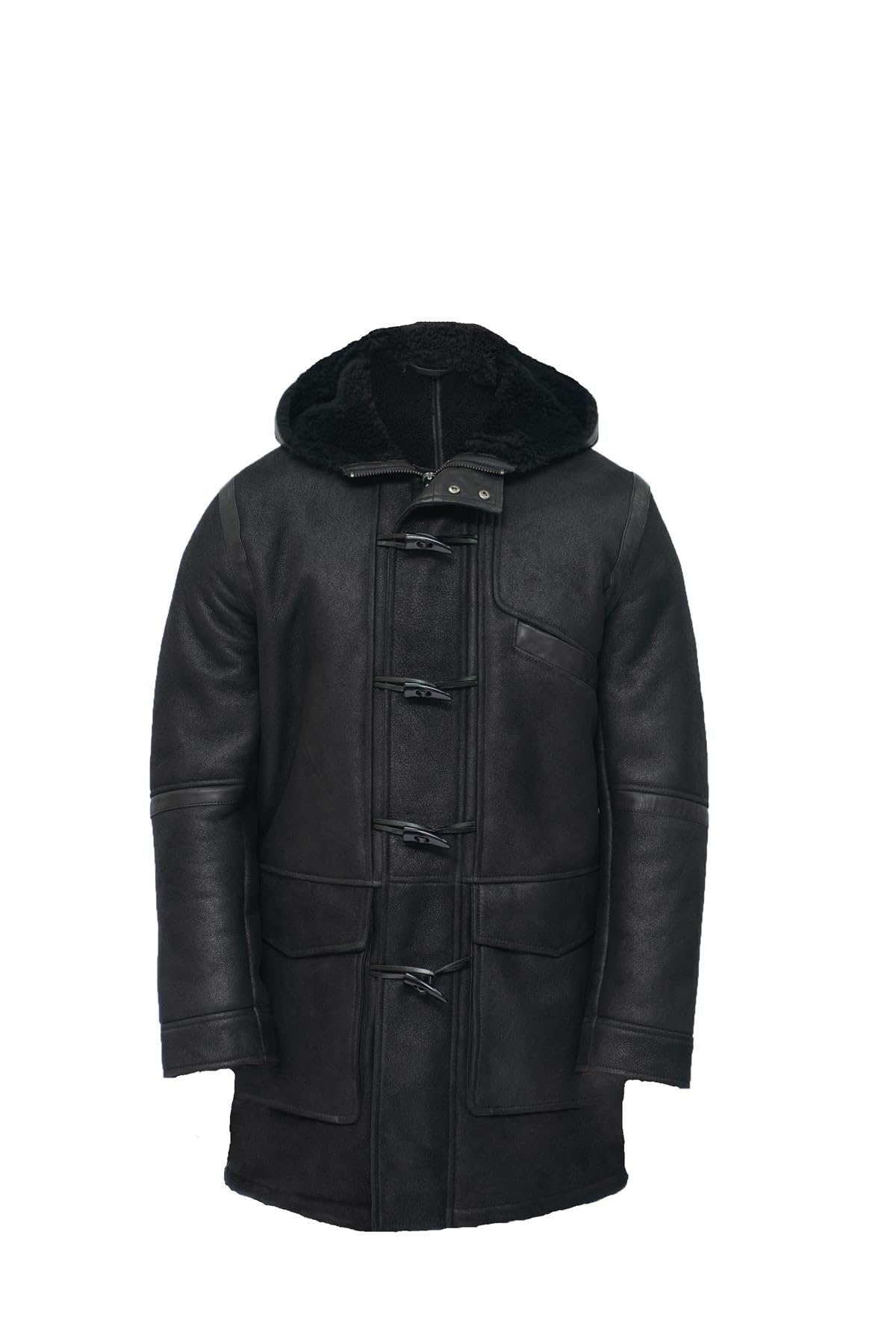 Infinity Leather Men's Black Sheepskin Leather Hooded Duffle Coat