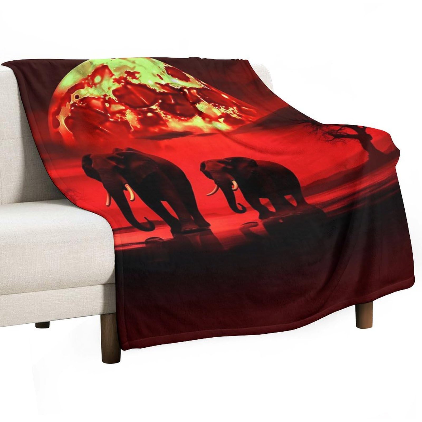 Couverture en flanelle rouge éléphants pour grand lit et canapé