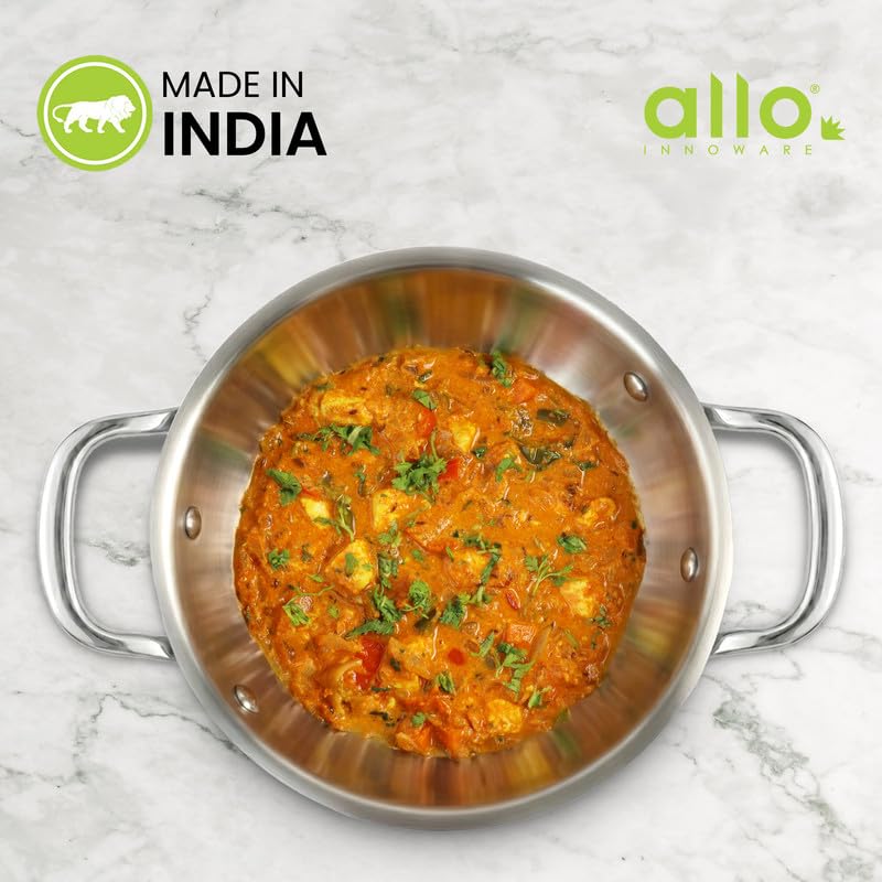 Image of Allo Triply Stainless Steel Kadhai with Handles|Perfect Kadhai for Curry /Stir-Fry /Deep-Fry /DryVeg /Saute Induction Friendly Naturally Non-Stick | 10 Years Warranty, Without lid