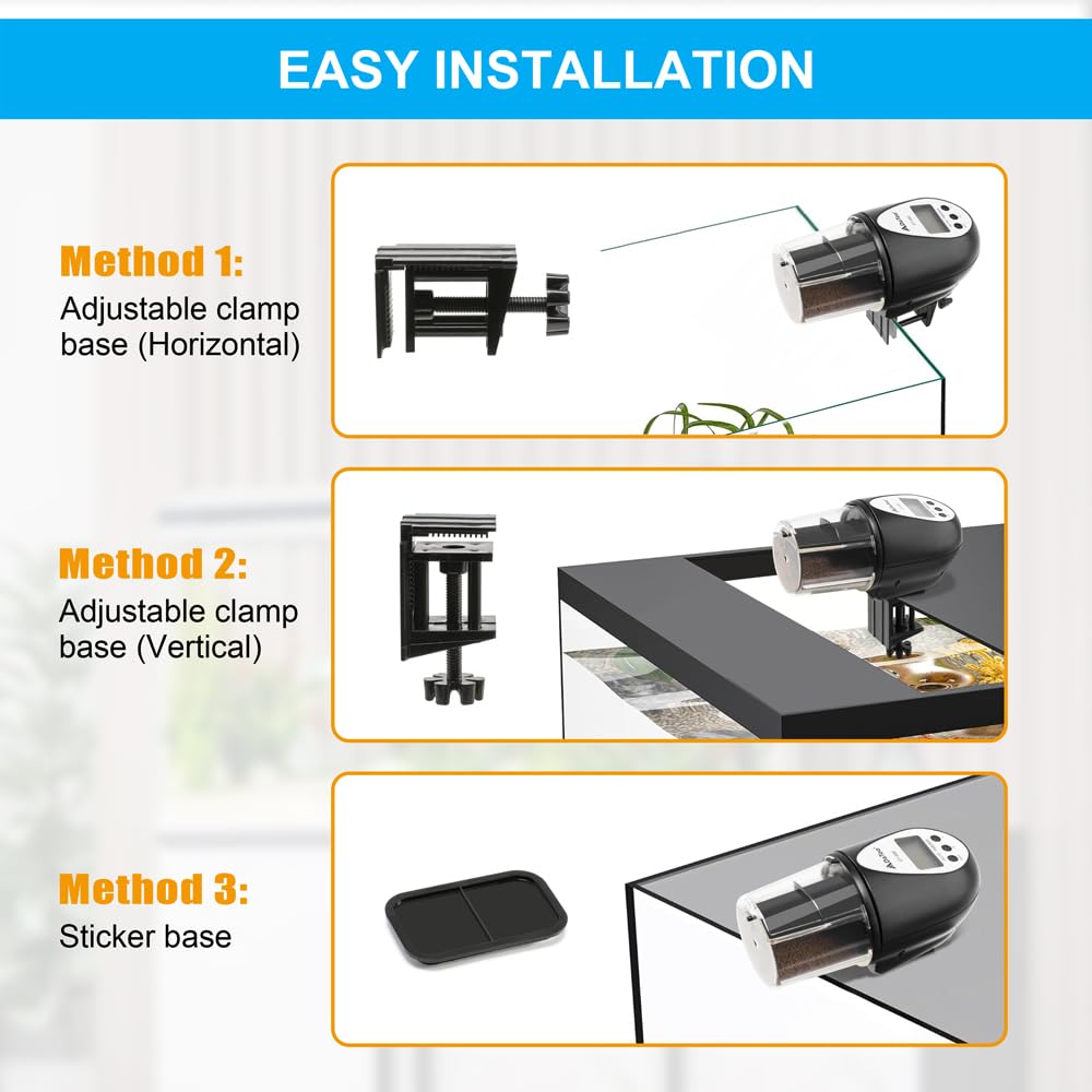 Three installation methods for the DaToo Automatic Fish Feeder: horizontal clamp, vertical clamp, and sticker base.