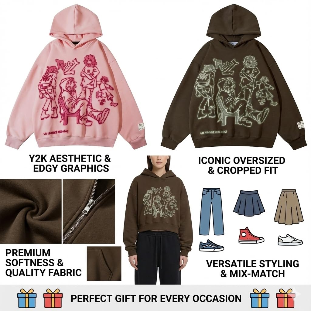 Felpa con cappuccio da uomo con grafica Y2K, stile streetwear, in misto cotone, stile hip hop