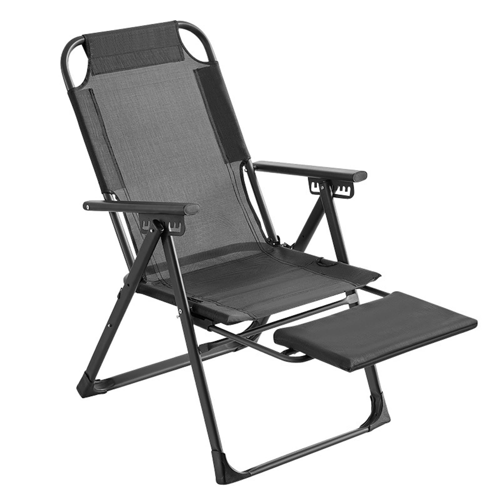 Chaise longue pliable noire sans coussin pour éviter la chaleur au jardin et au camping