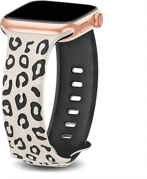 Two Tone Leopard Engraved Band Compatible with Apple Watch Bands for Women 44mm 40mm 41mm 45mm 38mm 49mm 42mm Men, Soft Silicone Cheetah Designer Strap for iWatch Series 9 8 7 6 5 4 3 2 1 Ultra 2 SE