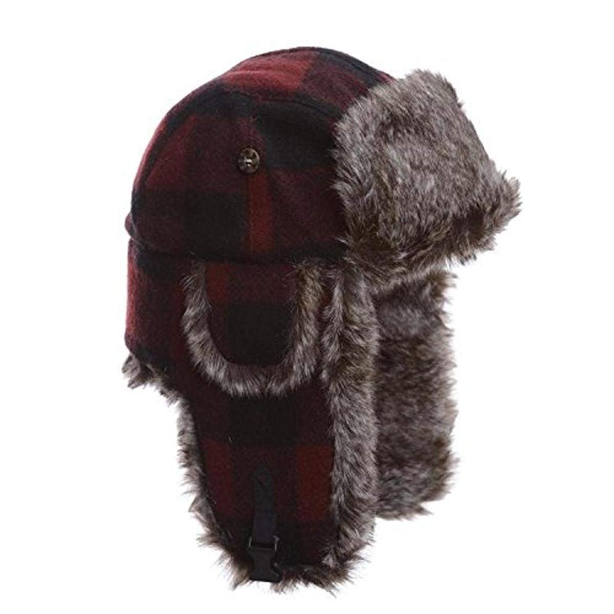 Mad Bomber Maroon Plaid Wool Pilot Aviator Hat Faux Fur Trapper Hunting Cap