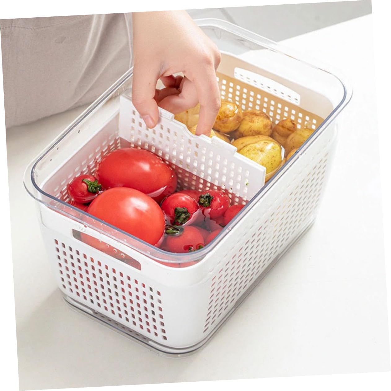 Cabilock Bacs de Rangement Multifonctionnels et Lot de 2 pour Réfrigérateur et 4,5l en Pet Blanc 1,7l Égouttoir Intégré Gain de Temps pour Légumes