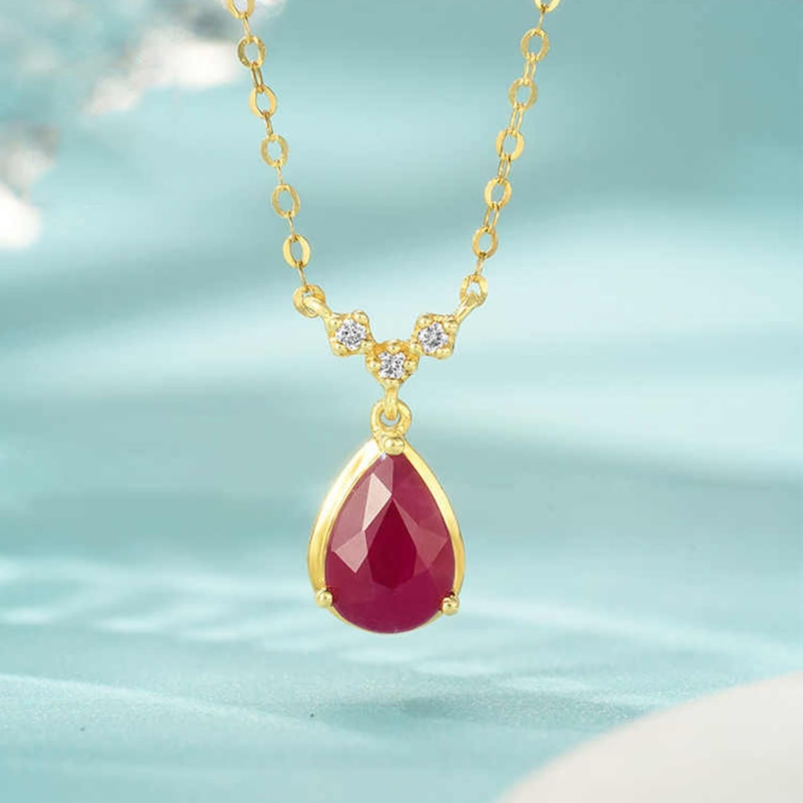 Łańcuszek na szyję, damski łańcuszek na szyję, cienki wisiorek z rubinu w kształcie kropli, 0,95 ct i diament z 0,02 ct żółtego złota