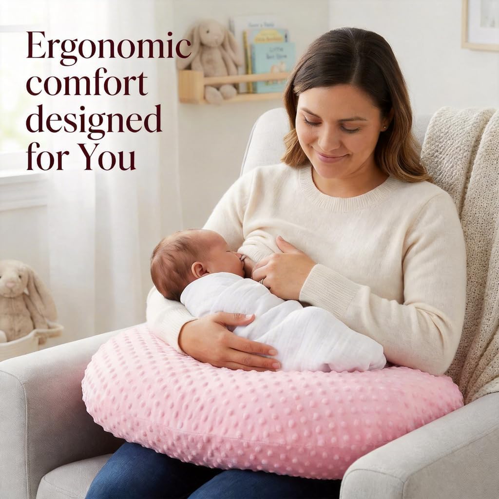 Nursing Pillow, Breastfeeding Pillows with Removable Cover for Mom with Breathable Filling, Ergonomic Baby Feeding Essentials for Bottle and Breastfeeding​ (Pink)