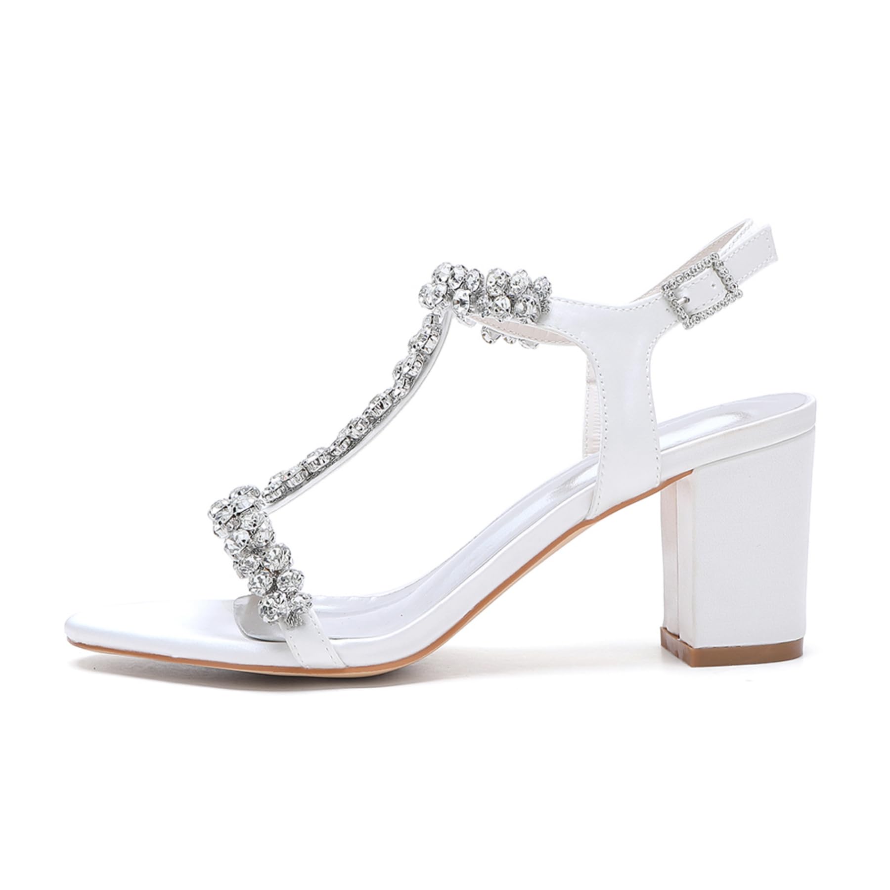 Sandalias De Novia Tacón Bloque Tira En T Y Pedrería Mujer 7,5 Cm