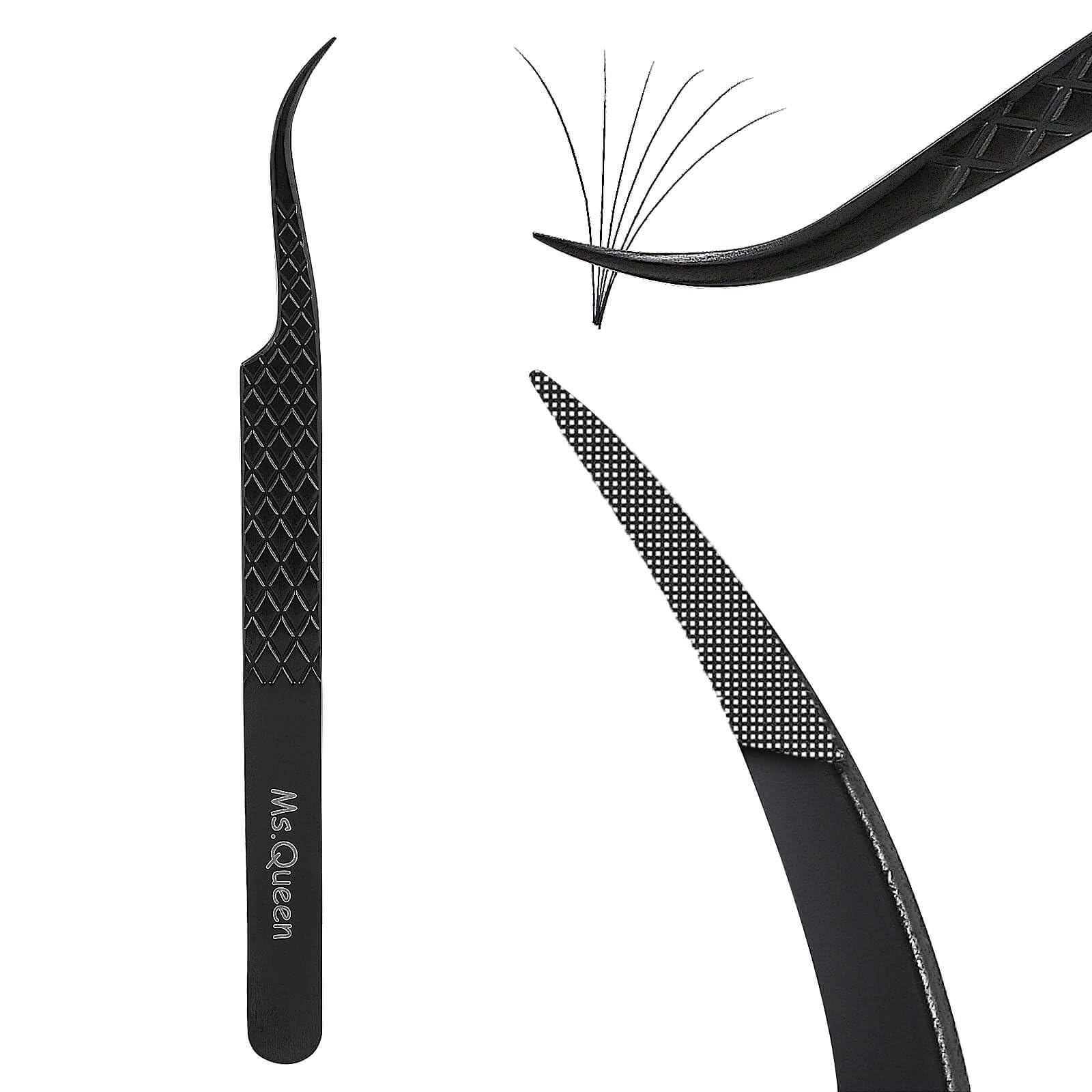 Ms.Queen Eyelash Extension Tweezers,Microfiber Tip Curved Lash Tweezers for Volume, Isolation& Classic Lashes Extensions,Black