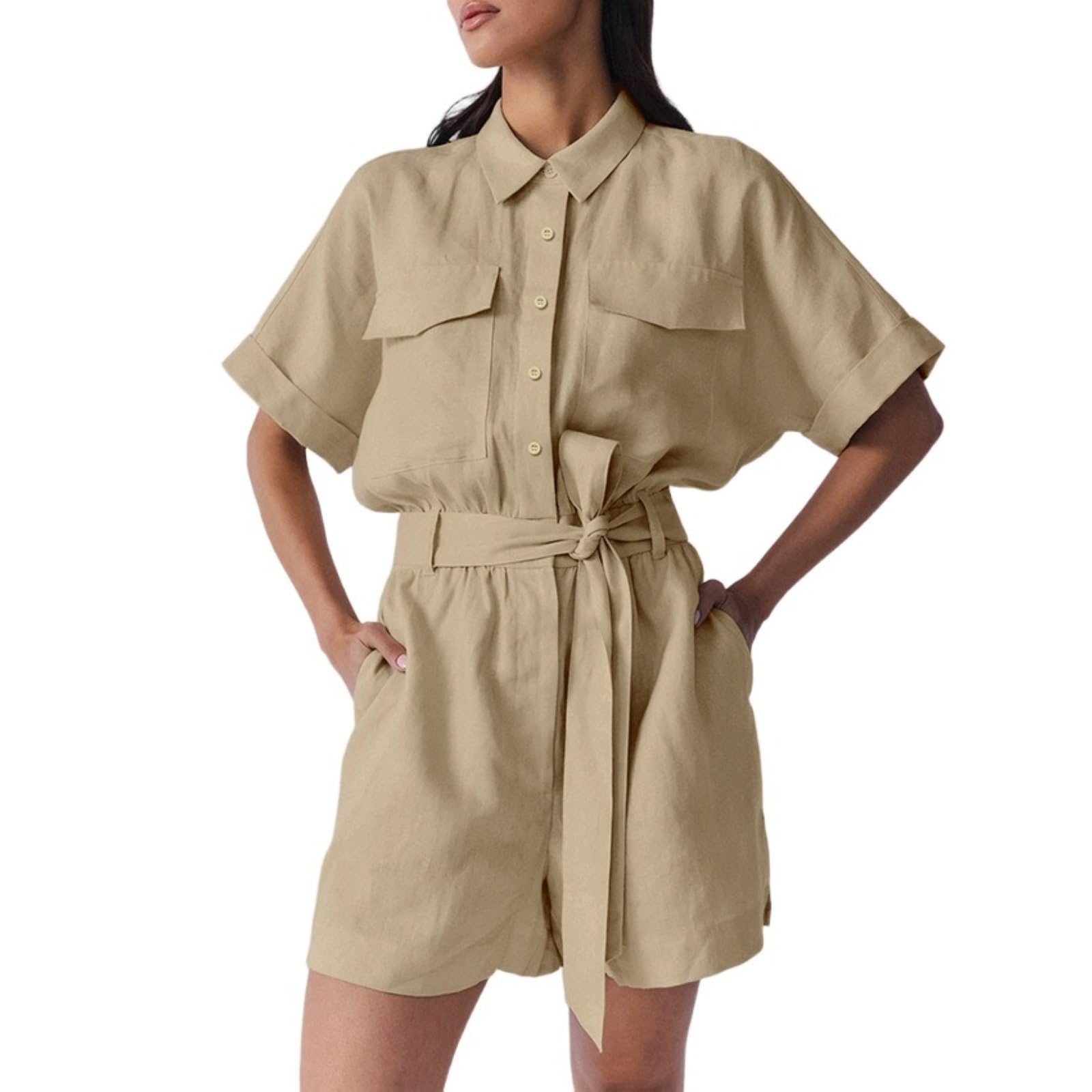 Pajacyk Z KróTkim RęKawem Dla Kobiet Casual Lace Up Button Down Szerokie Nogawki KróTkie Kombinezony