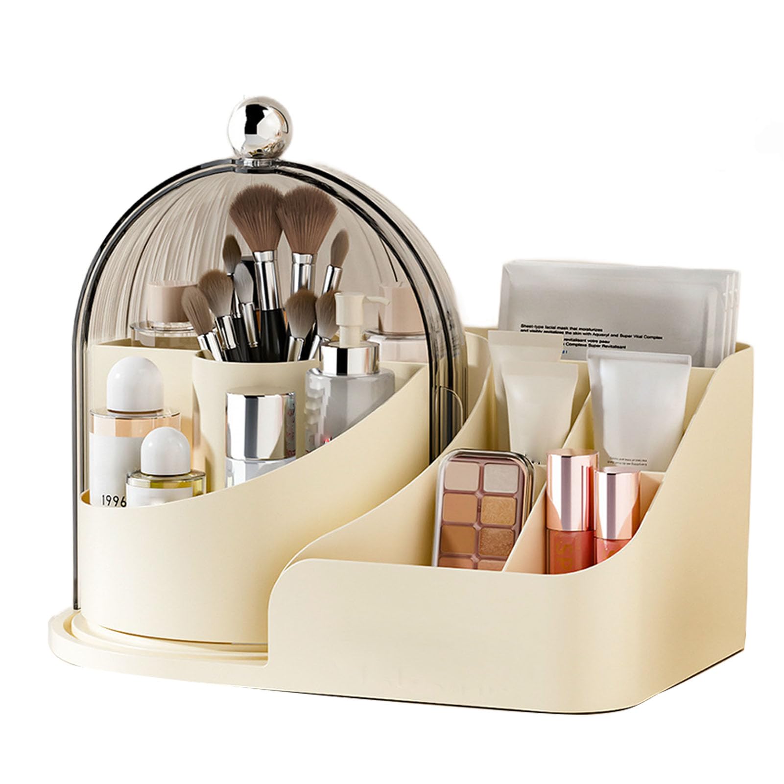 Organizador de escritorio con soporte para brochas de maquillaje con tapa giratoria para almacenamiento de tocador y cuidado de la piel