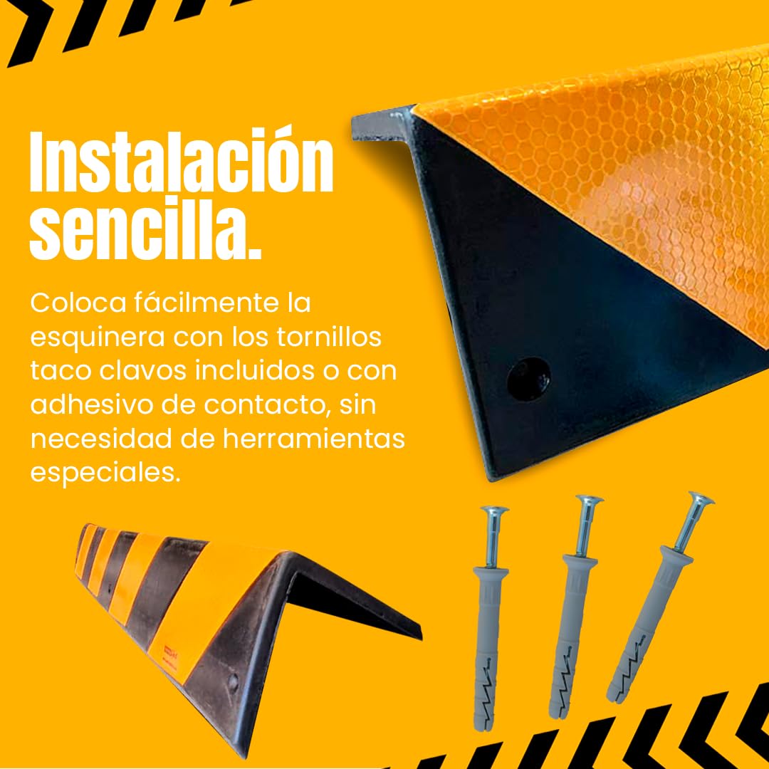PARKING FACIL | Protector de Esquina de Goma | Para Aparcamientos y Almacenes | Color: Negro y Amarillo | Tamaño: 80 x 10 x 10 cm | Grosor: 8mm | Incluye Tornillería | 2 Unidades