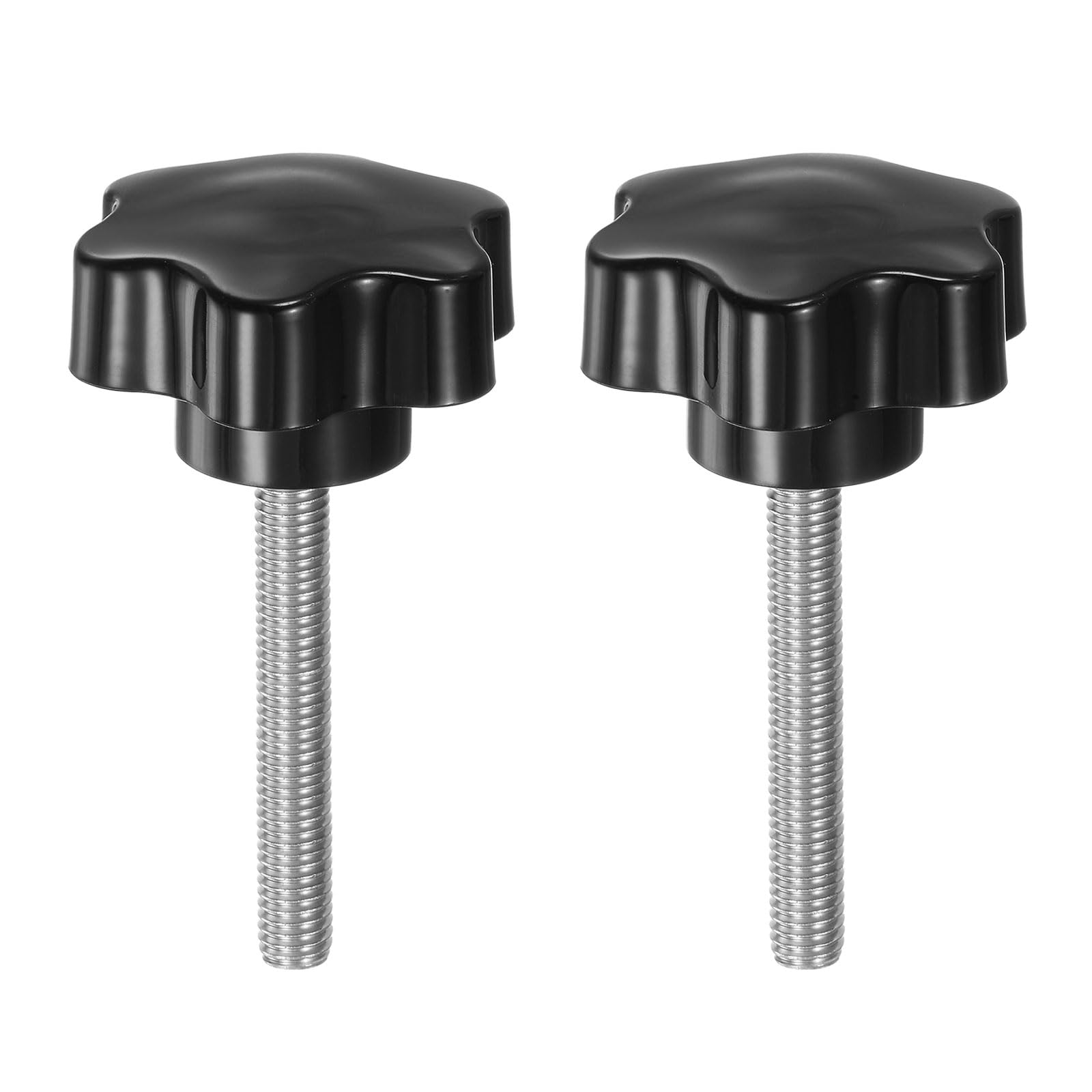 sourcing map 2pcs Star Knobs M8 x 57mm 304 Stainless Steel Threaded Stud 46mm Plastic 6-Star Head Hand Tightening Thumb Screw Clamping Jig Knob Handle, Black