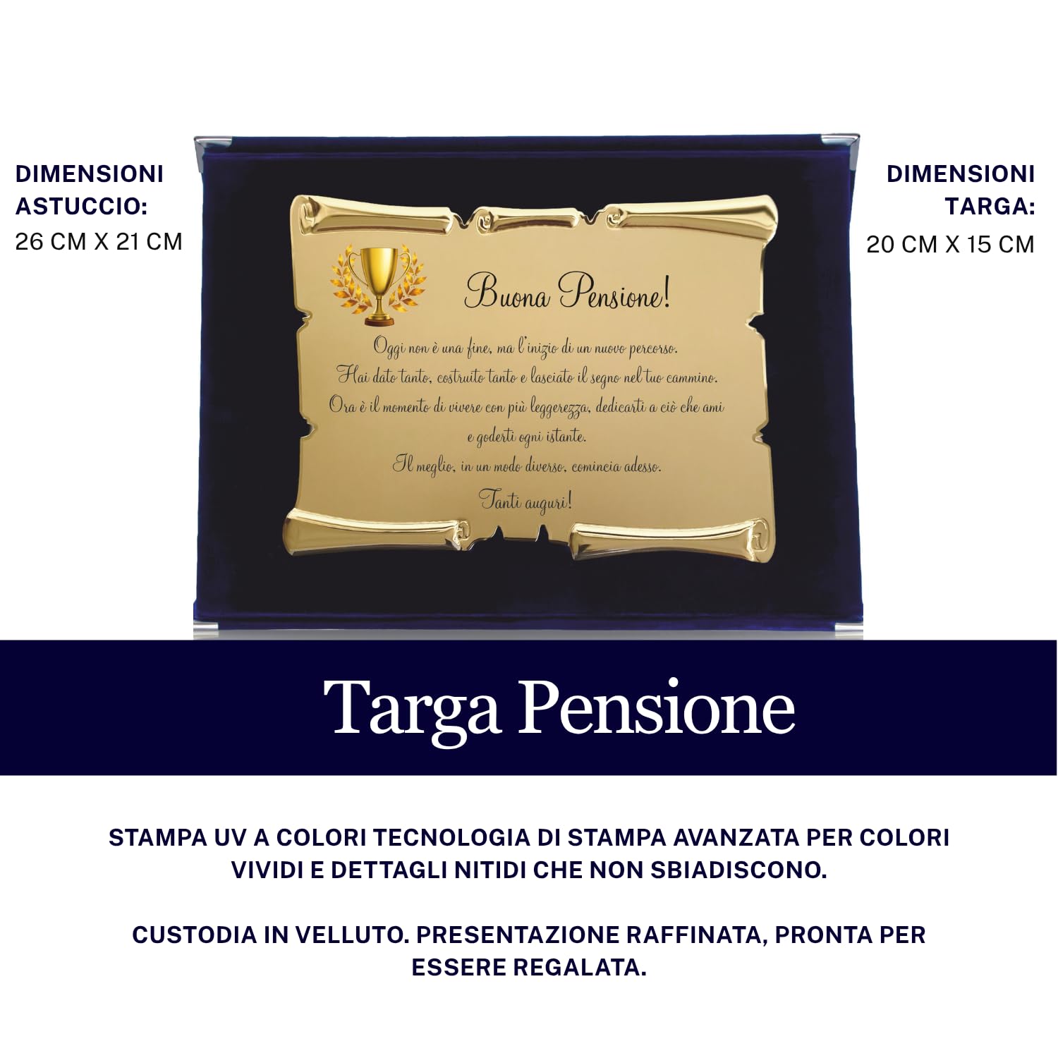 Placa de pensión con pergamino en estuche de terciopelo – Idea regalo jubilación – Placa de celebración con dedicación – Recuerdo elegante para colega, amigo o familia (azul, dedicación emocional)