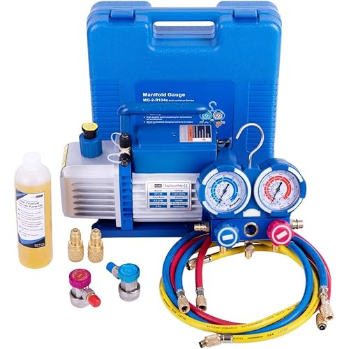 VIVOHOME 110V 1/4 HP 3.5 CFM Single Stage Rotary Vane Air Vacuum Pump and R134a AC Manifold Gauge Set Kit for HVAC Air Conditioning Refrigeration Recharging
