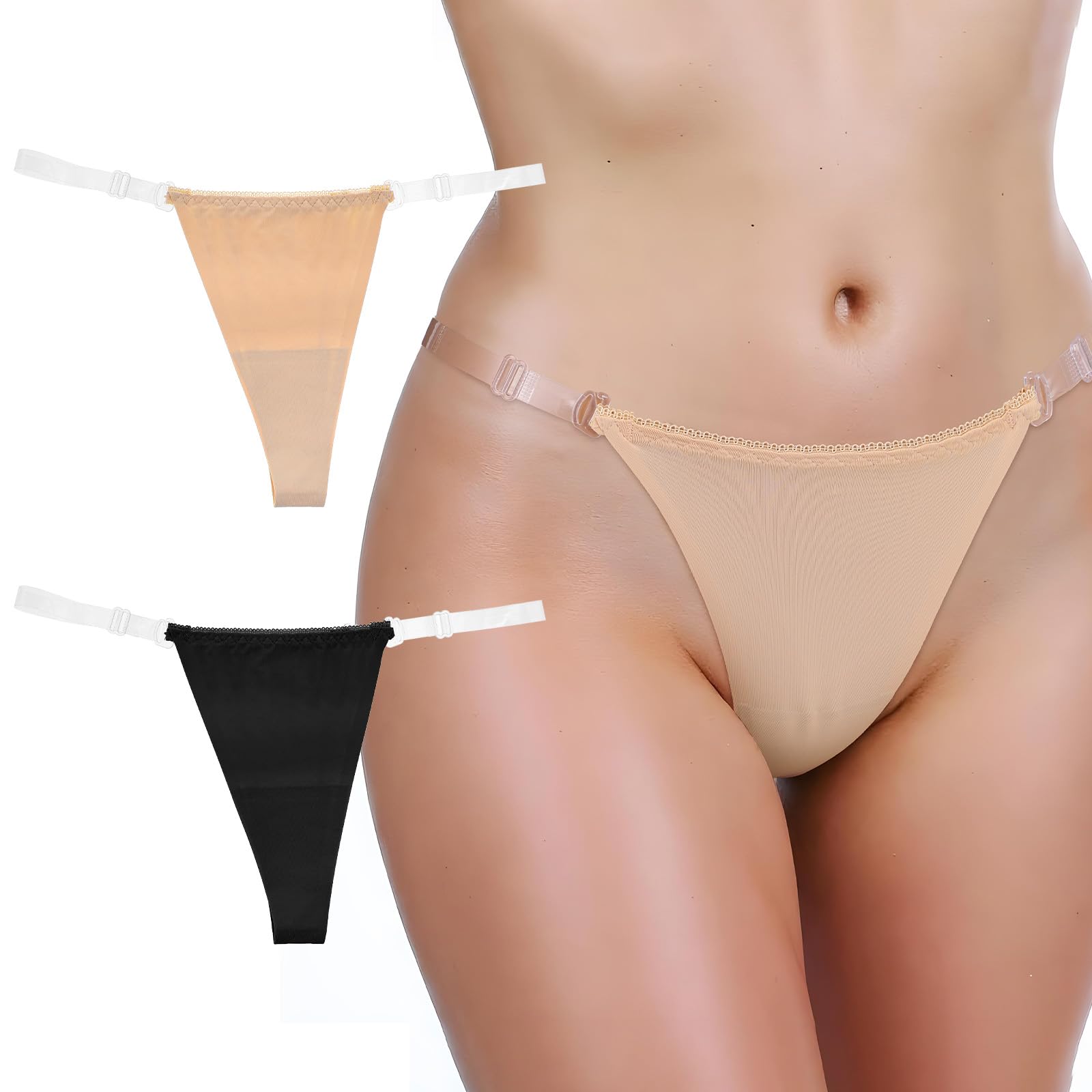 2 Piece Cotton G String Thongs For Women Clear Strap No Show Womens G-String Underwear Thong Invisible Stretch