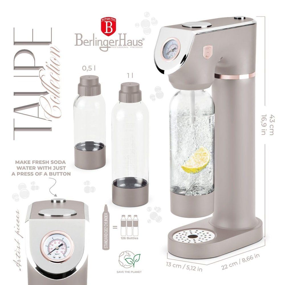 Berlinger Haus Wassersprudler Taupe Collection – Wassersprudler ohne Strom – Sodamaschine – Mit Barometer – Mit 2 Flaschen (1,0 L & 0,5 L) – CO2-Zylinder kompatibel – Küchengerät