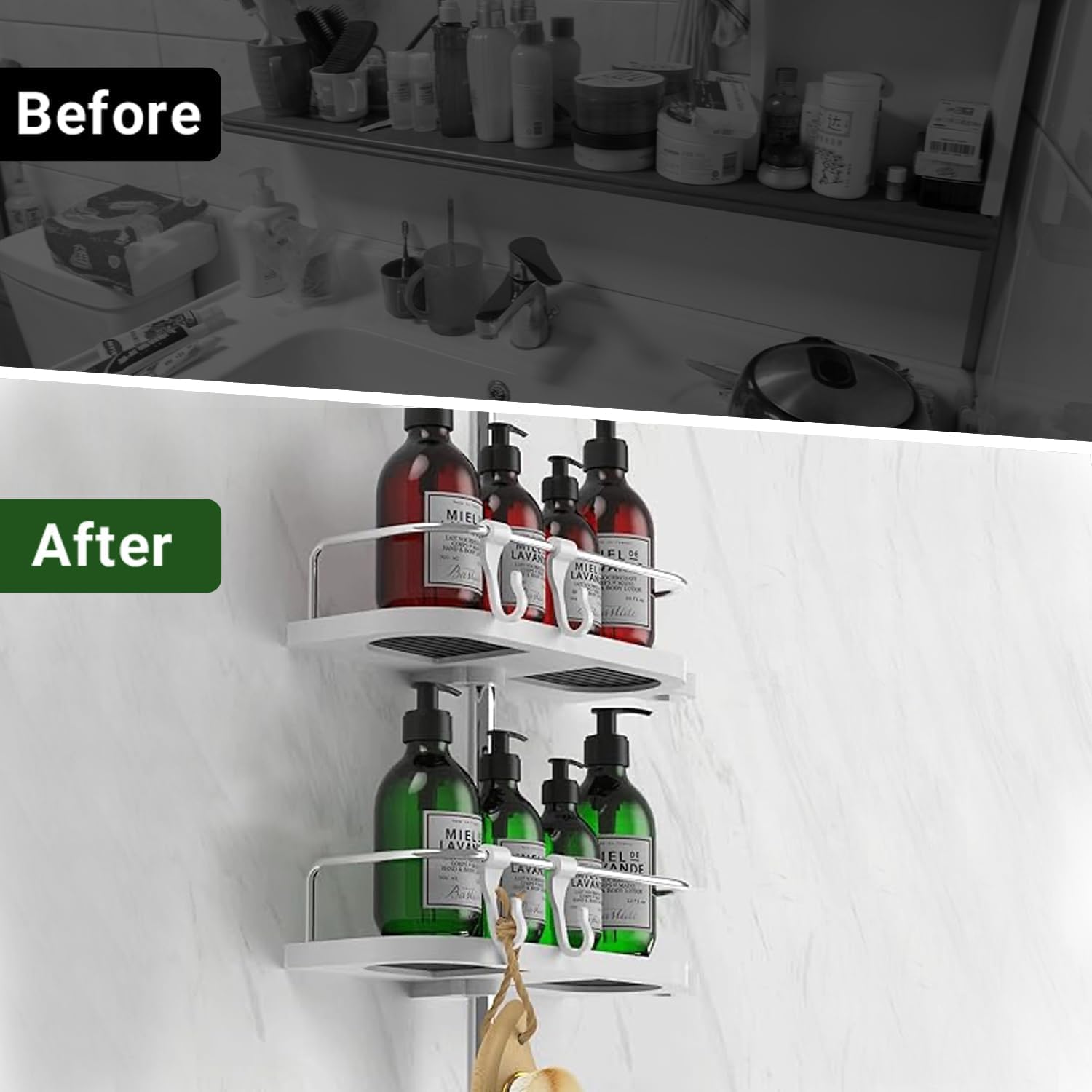 Hawsam Mensola per Doccia Senza Perforazione per Asta della Doccia - Supporto Conservatore Bagno per Shampoo, Adatto per Asta della Doccia 19mm-25mm (2Pezzi)