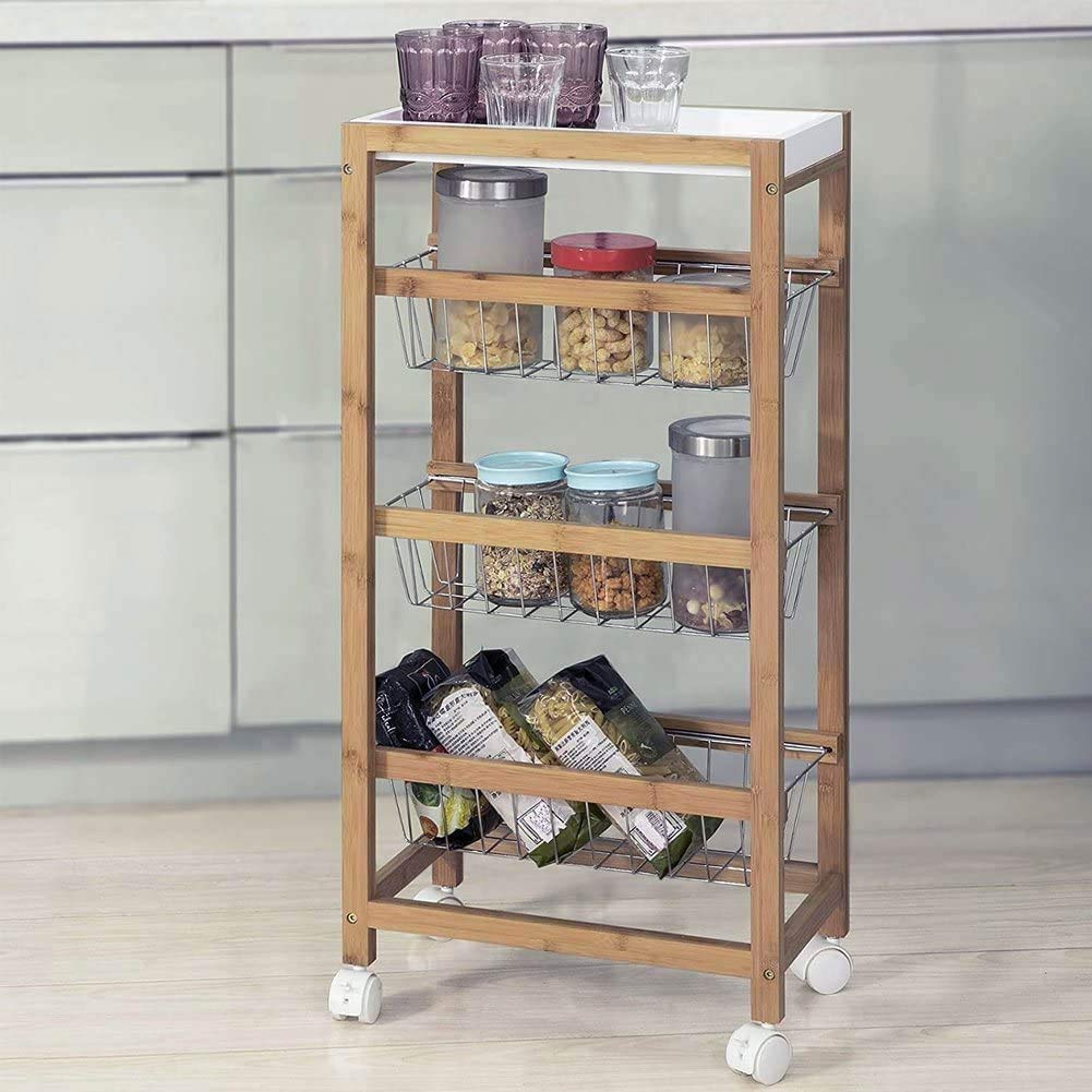 BAKAJI Carrello da Cucina Slim Salvaspazio in Legno di bambù con 1 Vassoio Estraibile 3 Ceste Portafrutta in Metallo e 4 Ruote Girevoli Carrello Portavivande Casa Dimensione 40 x 22 x 83 cm