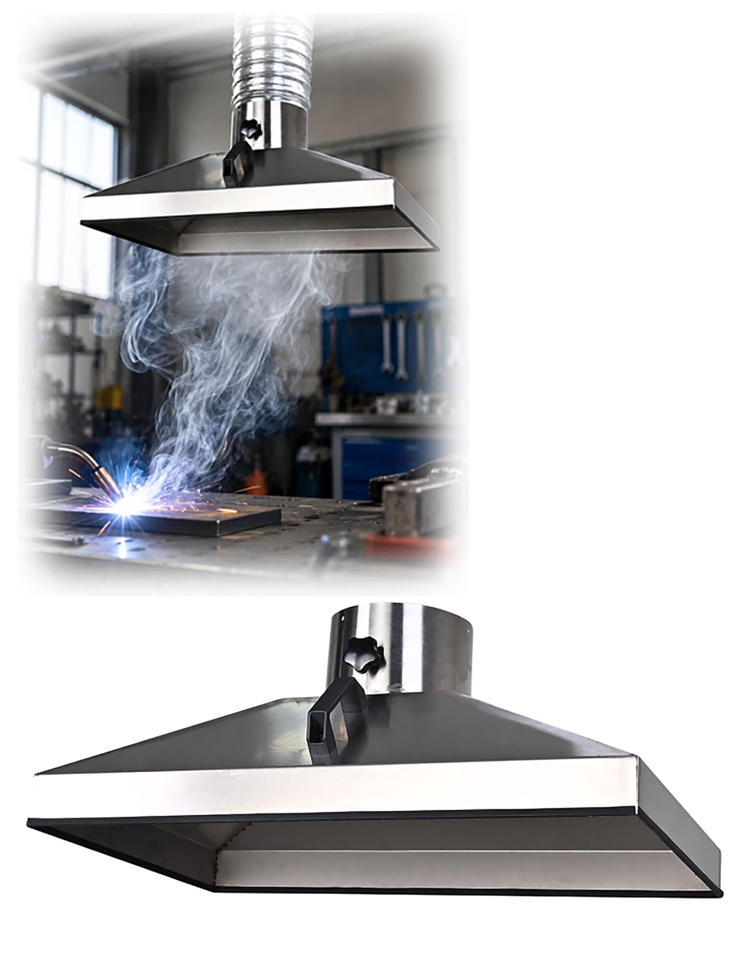 Hotte carrée industrielle en acier inoxydable 400–800 mm, interface 110 mm, extraction de poussière et de fumée pour atelier, soudure et usinage (70 x 50 cm)