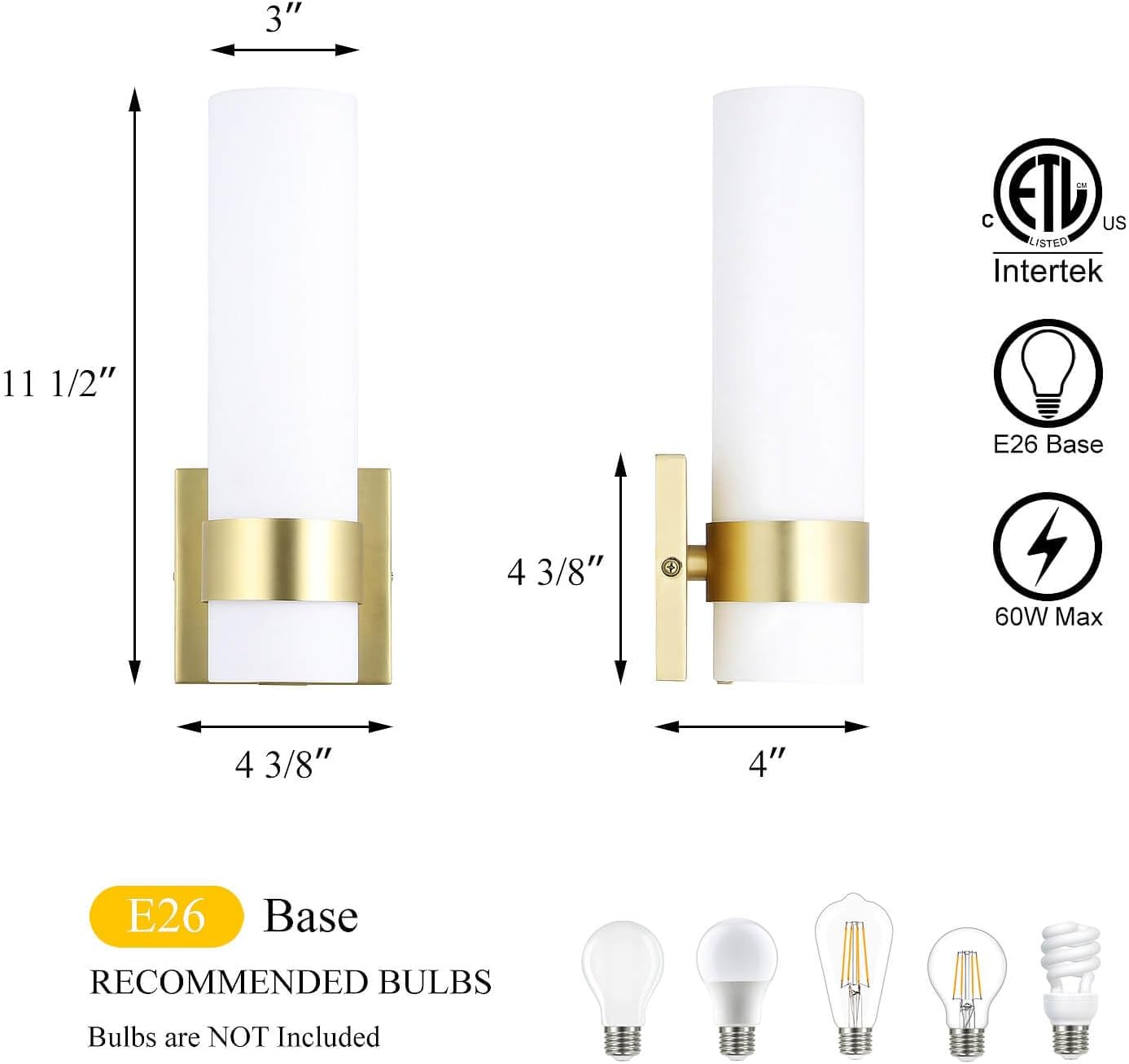XiNBEi Lighting Sconces Wall Lighting, 1 Light ADA Wall Sconce, Vintage Bathroom Vanity Light with Tube Glass Satin Brass Finish for Kitchen & Corridor XB-W1185-SB