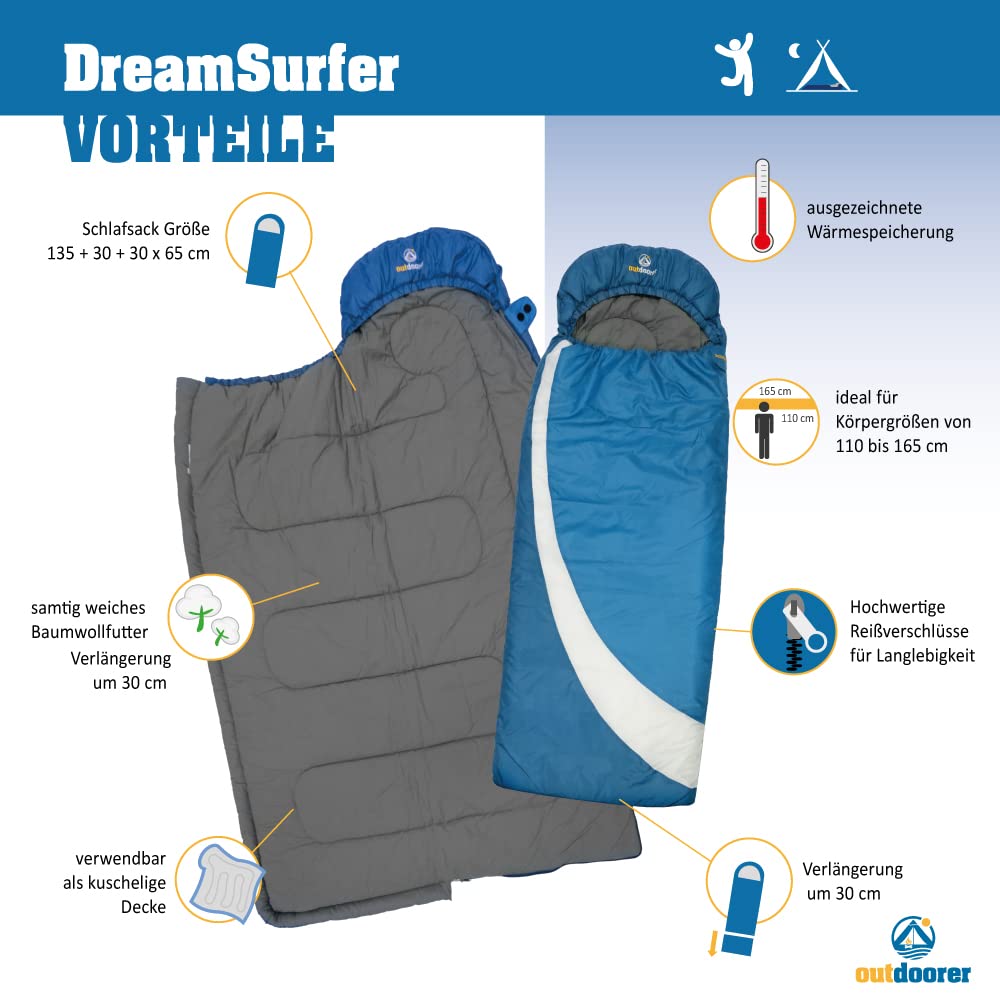 outdoorer DreamSurfer śpiworek dziecięcy rosnący wraz z dzieckiem – śpiwór dla dzieci i młodzieży w kolorze niebieskim, różowym lub zielonym (niebieski/szary)