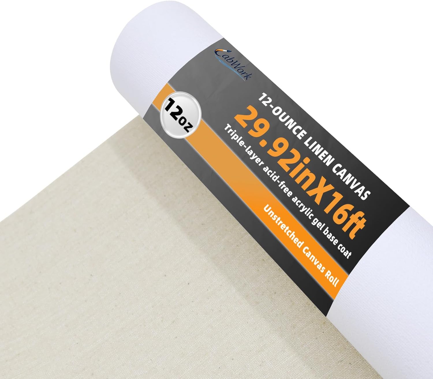 CabWork 29.92 in × 16 ft Linen Canvas Roll for Painting, 12 oz Cotton Primed Canvas Roll, Triple Gesso Primed, Painting Canvas Roll for Oil & Acrylic, Artist Canvas Roll