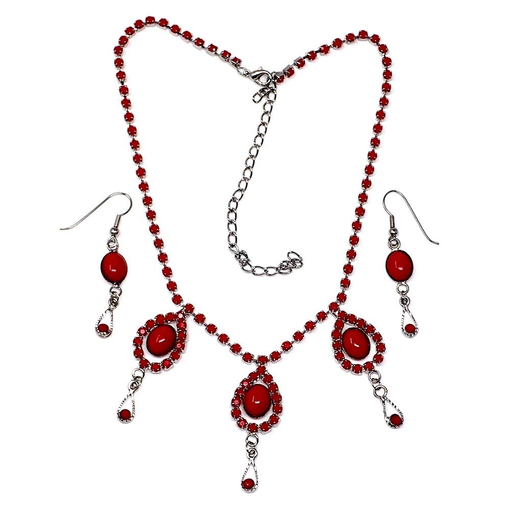 rodio placcato orecchini in metallo set collana di pietra rossa [AB9069]