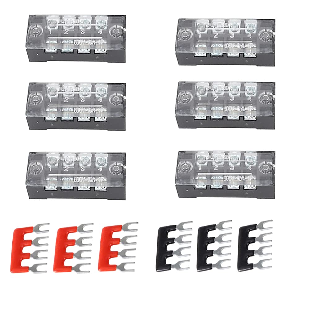Rode En Zwarte Klemmen 6 Stuks Dubbele Rij Schroefklemmenblokken – 4 Posities, 600V 15A – Geïsoleerde Terminal Strips Rood/zwart Aansluitblok Voor Circuits